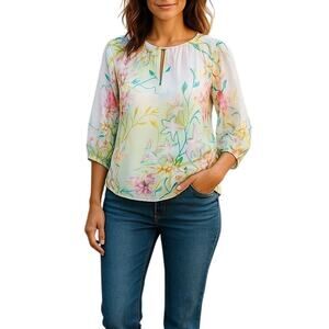 Jennifer Lopez Floral Chiffon Blouse Green High-Low Sheer 3/4 Sleeve Small